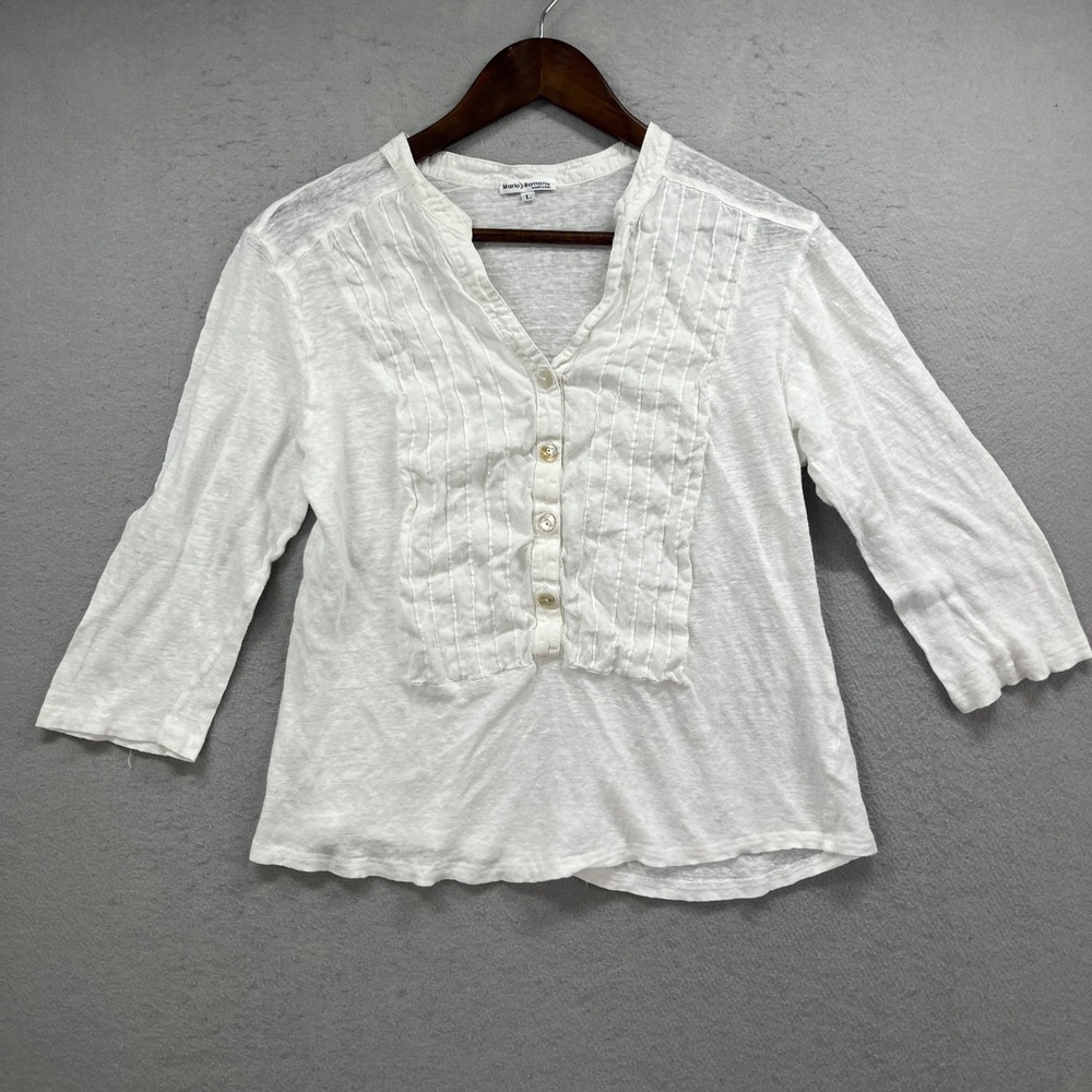 Mario Romano Henley Top Women L White Pintuck Button Casual Linen Blend Italy